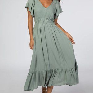 9. Pinkblush / Jodilf Light Olive Smocked V-Neck Midi Dress NWOT